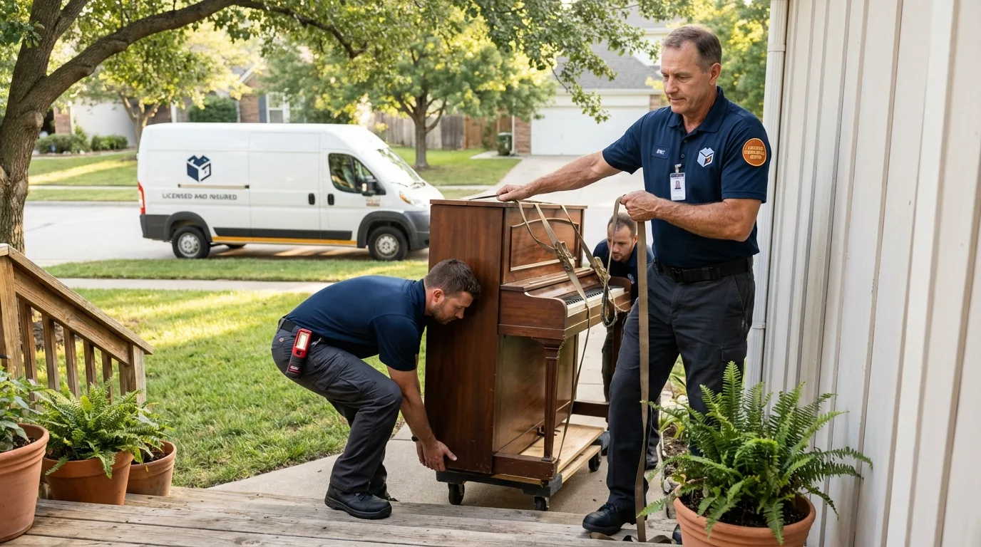 Licensed piano movers securing grand piano in Gordonsville, VA