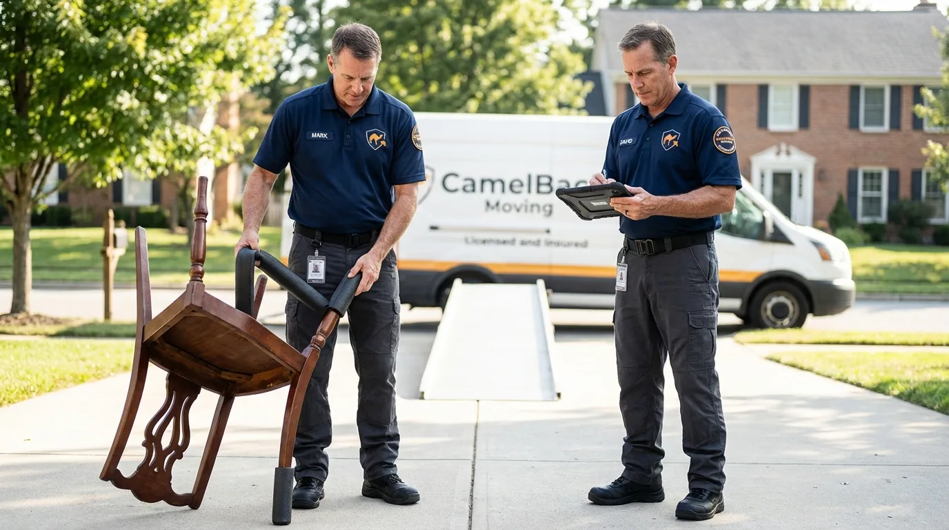 Movers inspecting furniture for damage prevention before loading in Gordonsville, VA