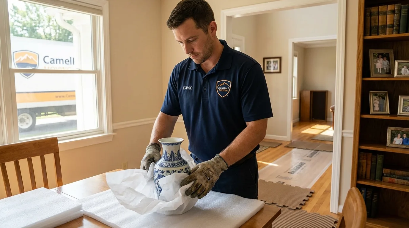 Professional crew carefully wrapping antique vase for senior downsizing move in Gordonsville, VA